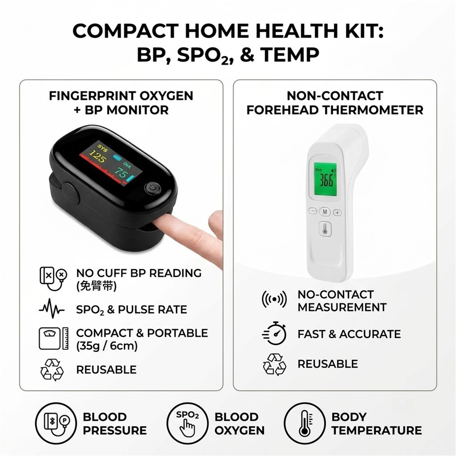 Pulse Oximeter - 非接触型体温計（赤外線式）または2in1タイプのパルスオキシメーター＋血圧計、指先で測定できるパルスメーター、個人用ツール。