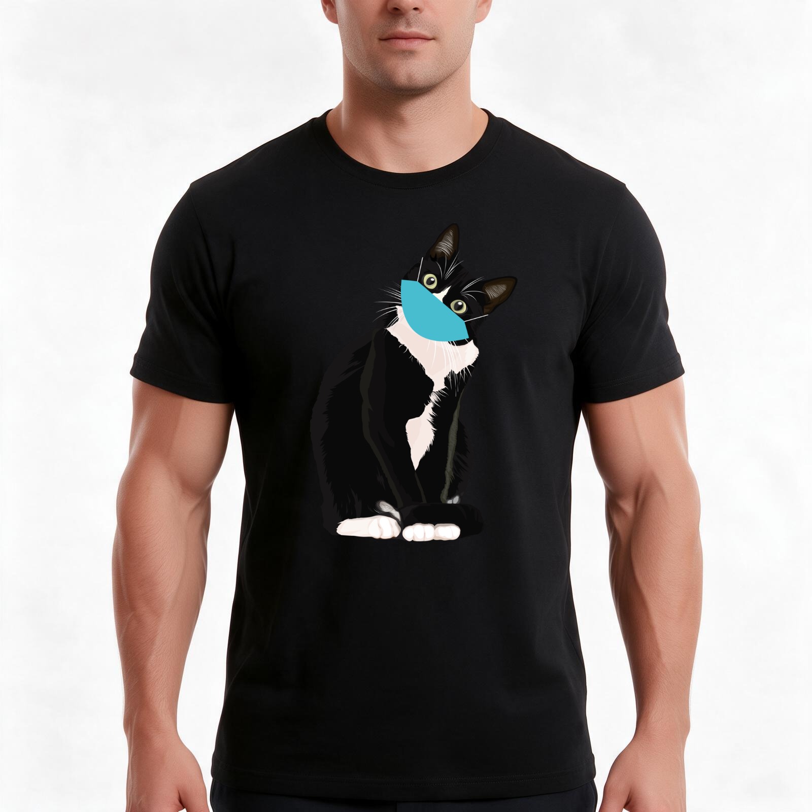 Surgical Mask - 手術用マスクを着用したかわいい猫のイラストがプリントされたTシャツ。夏にぴったりのカジュアルなコットン素材。ゆったりとしたシルエットのストリートウェア風トップス。ヴィンテージ風のグラフィックプリント。素材は100％コットン。