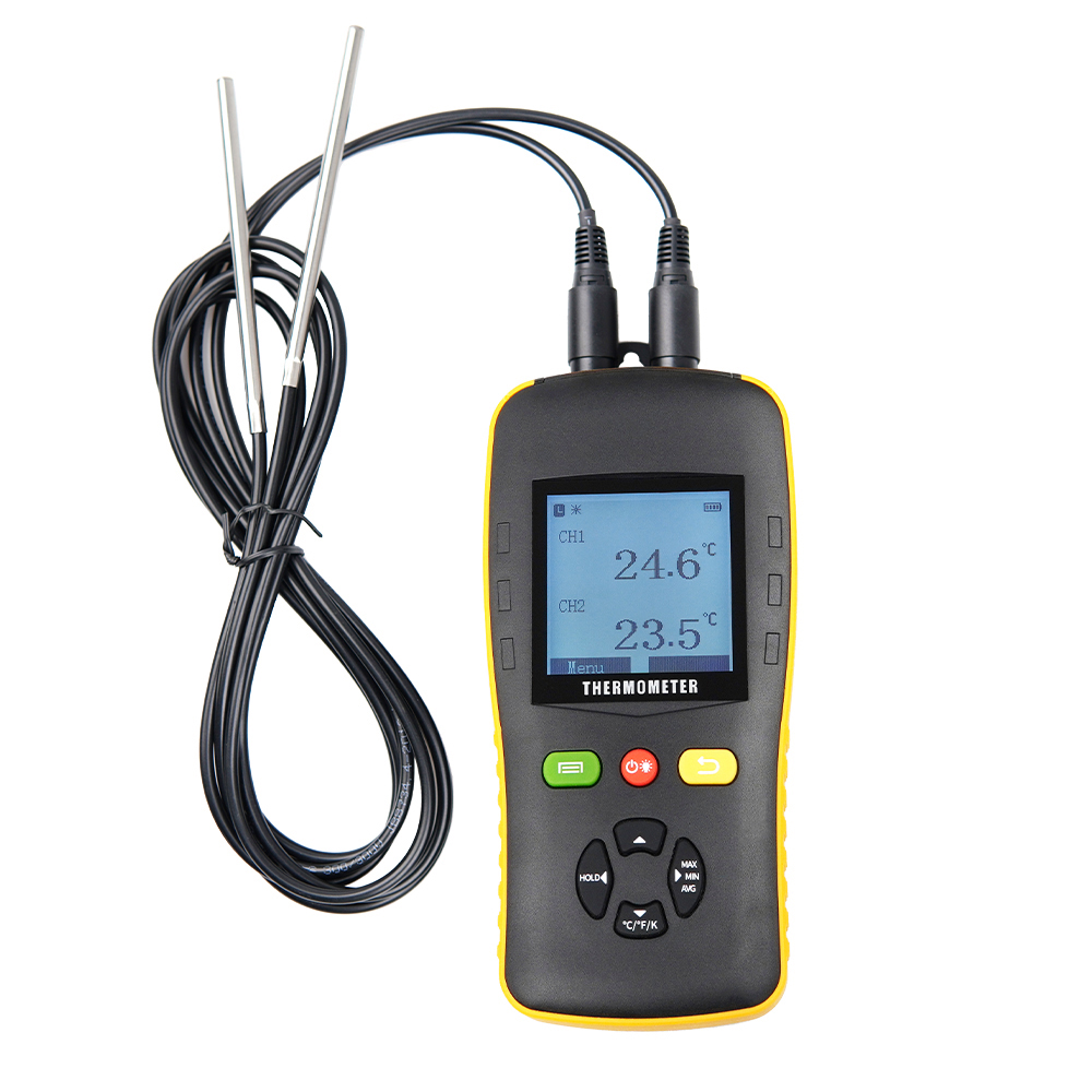 Thermometer Digital - 優れた安定性、デジタル温度計、デュアルPT100 PT1000プローブ、2チャンネルLCDディスプレイ、電池式、温度データロガー